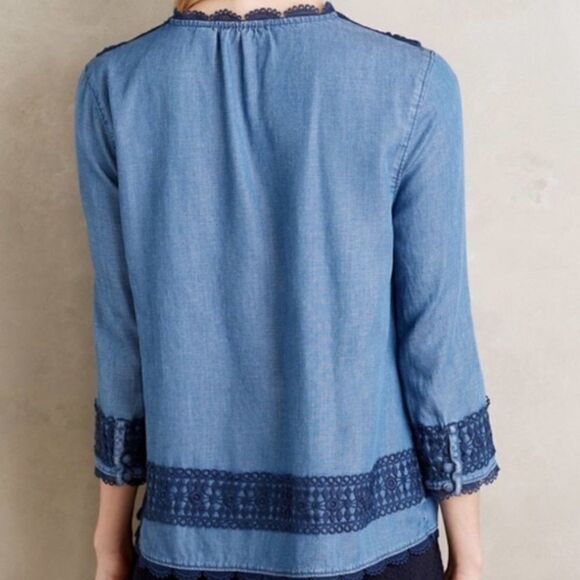 Anthropologie Laced Chambray Top Linen Blend - Picture 2 of 13